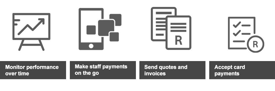 You can monitor your businesses performance over time, make staff payments on the go, send quotes and invoices as well as accept card payments with our Business Booster App. Our business management app makes operating your business more seamless