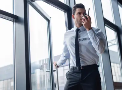 man walking through door with radio