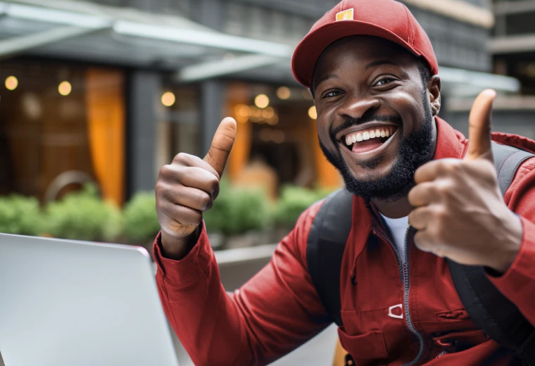 A man in front of a laptop in public, happy with the results