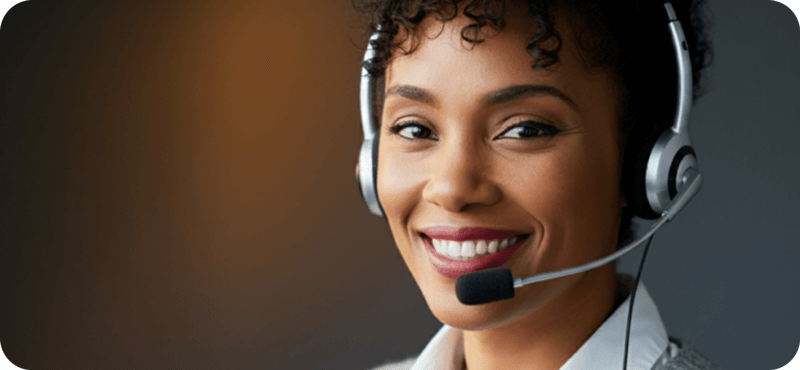 An image of a support agent infront of her computer.