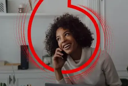 women talking on the phone with vodacom speech mark around her