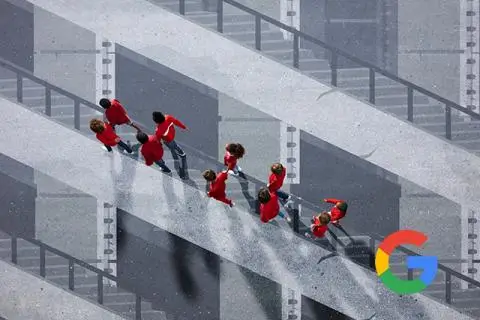 people in red walkiing in a row accrss a street with the google logo 