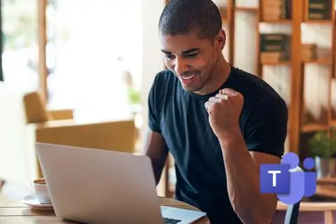 man giving a fist pump while looking at his laptop with MS teams logo