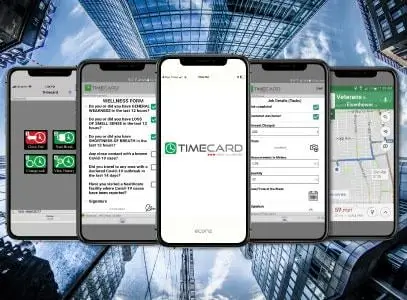 Multiple phones showing screenshots of a timecard card app