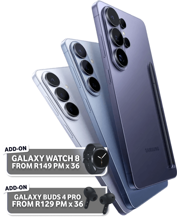 The Samsung Galaxy S26 series phones. Add a watch from R149PM x 36 or Buds from R129PM x36.