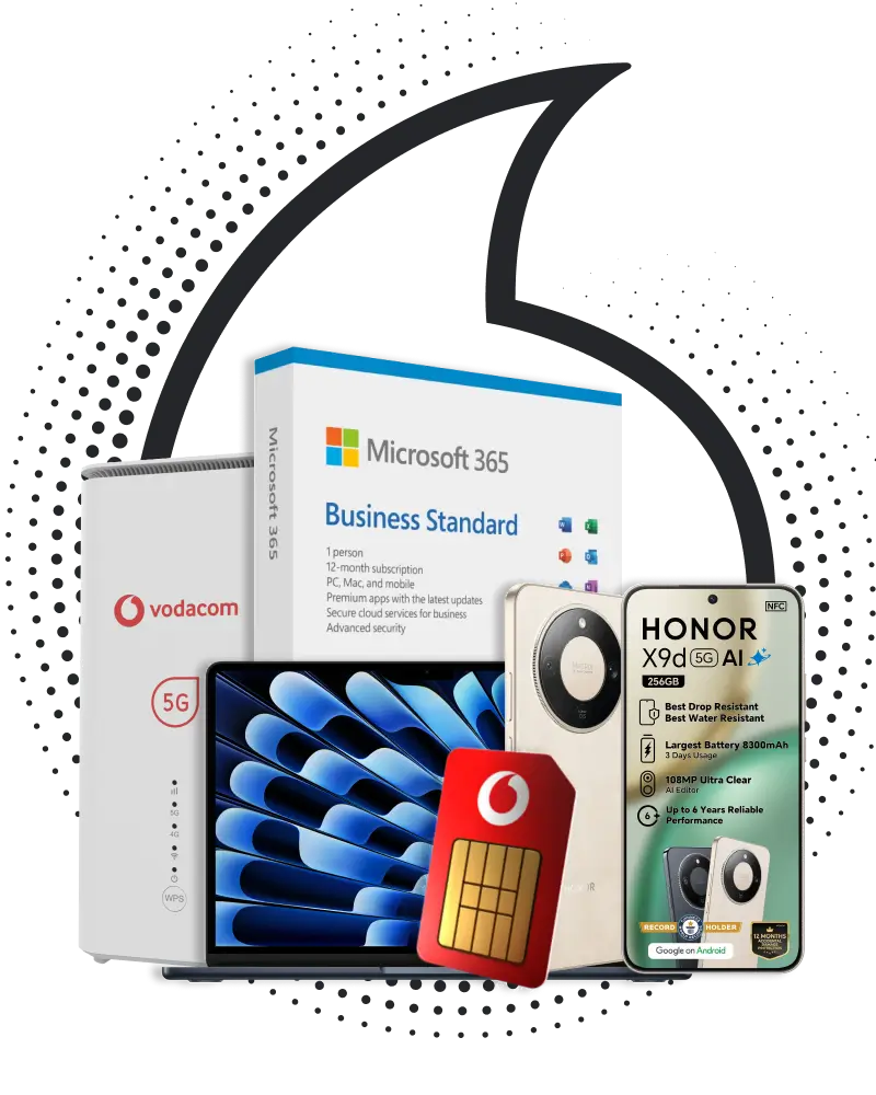 A promotional banner featuring a Vodacom 5G router, a Microsoft 365 Business Standard software box, a tablet, a Vodacom SIM card, and the HONOR X9d 5G smartphone. The products are arranged in a cluster against a light grey background with a large, dotted Vodacom speech mark logo.