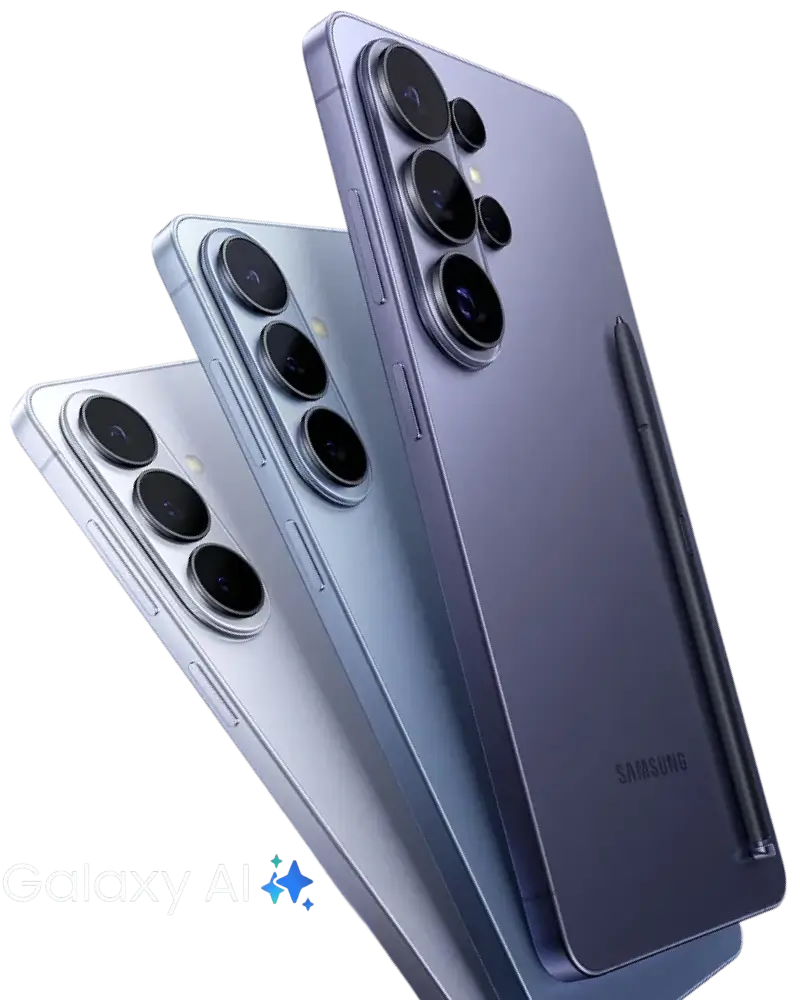 Promotional banner for the Samsung Galaxy S26 series featuring a "Double-up storage" offer to get 512GB for the price of 256GB. Includes add-on deals for the Galaxy Watch 8 at R149 PM and Galaxy Buds 4 Pro at R129 PM, both over 36 months.