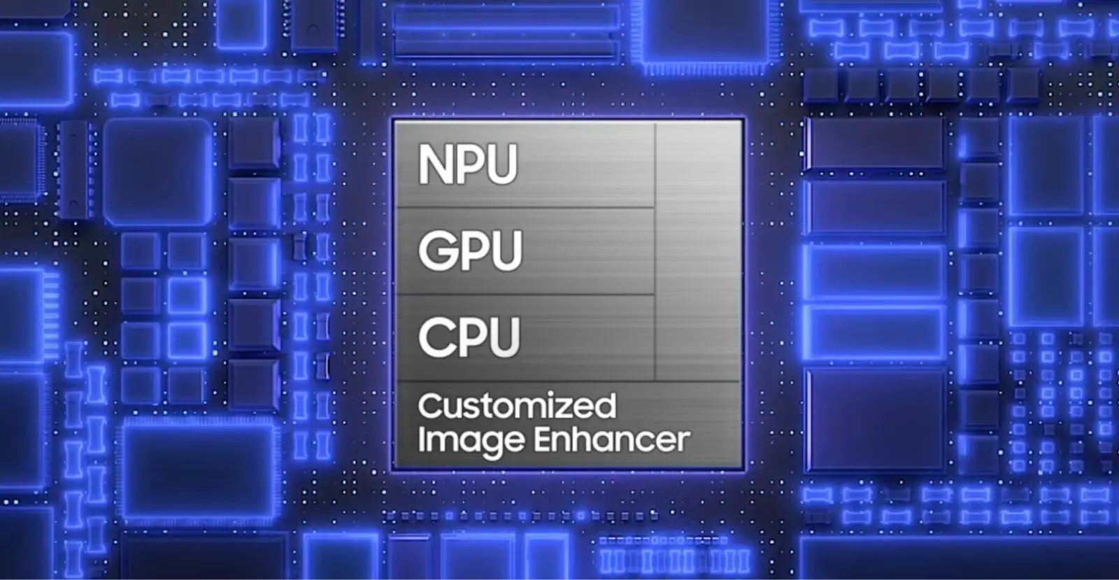 Next-gen Samsung S26 processor chip featuring NPU, GPU, CPU, and Customized Image Enhancer technology