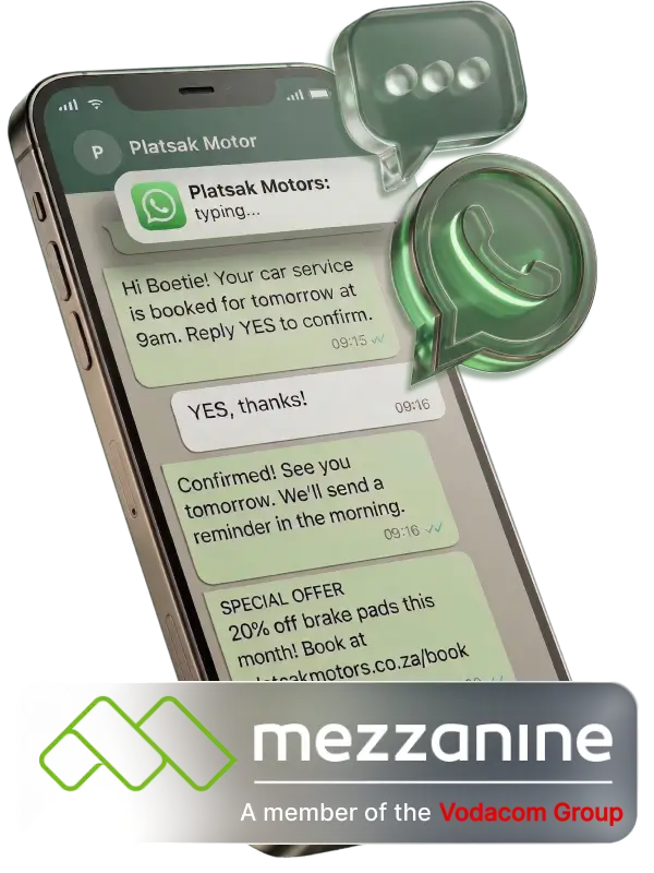 Vodacom Business WhatsApp for Business demo featuring automated customer messaging, appointment reminders, and promotional marketing for a vehicle service center.