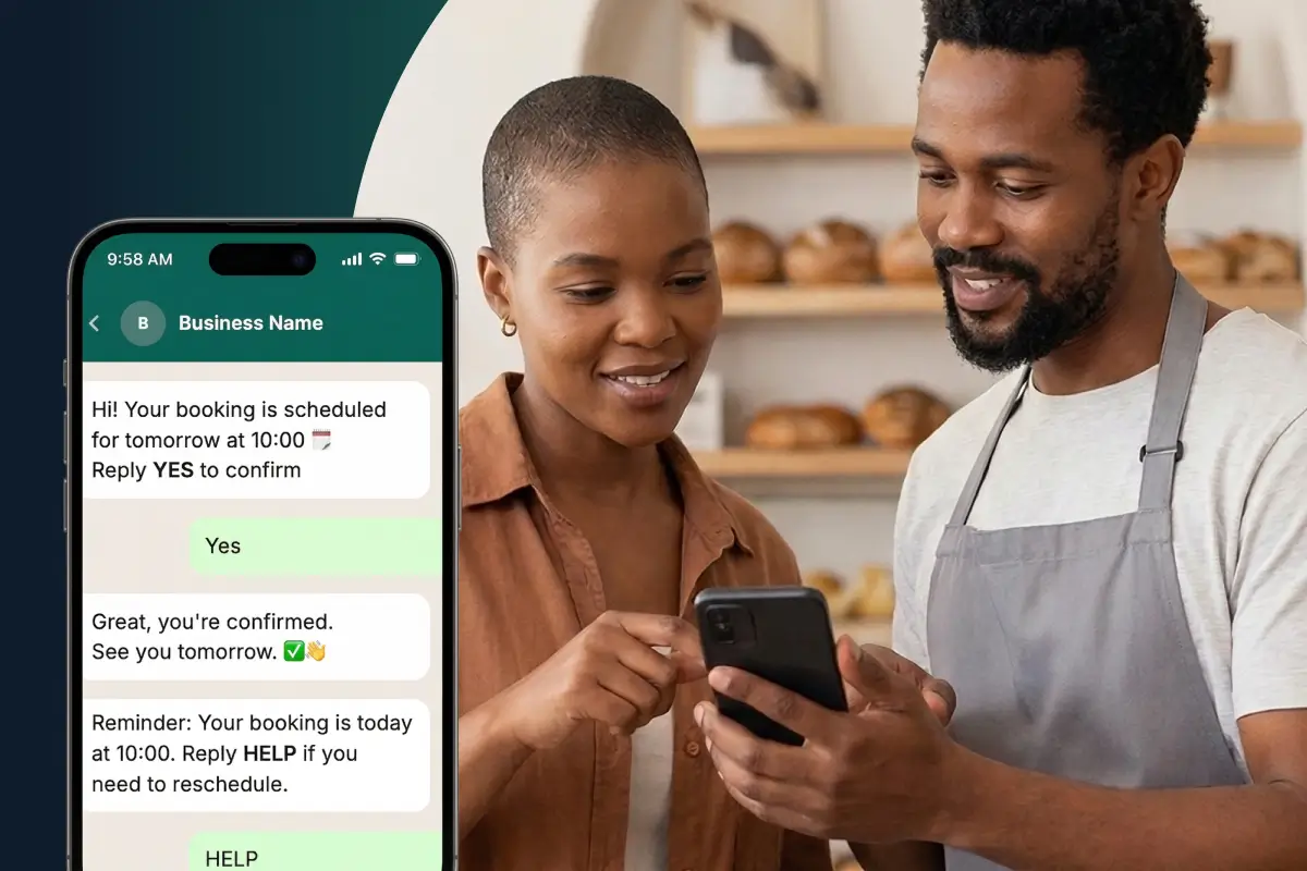 "Two small business owners in a bakery looking at a smartphone, paired with a digital overlay showing a WhatsApp for Business chat interface managing appointment bookings and reminders."
