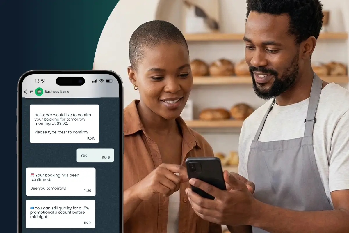 "Two small business owners in a bakery looking at a smartphone, paired with a digital overlay showing a WhatsApp for Business chat interface managing appointment bookings and reminders."
