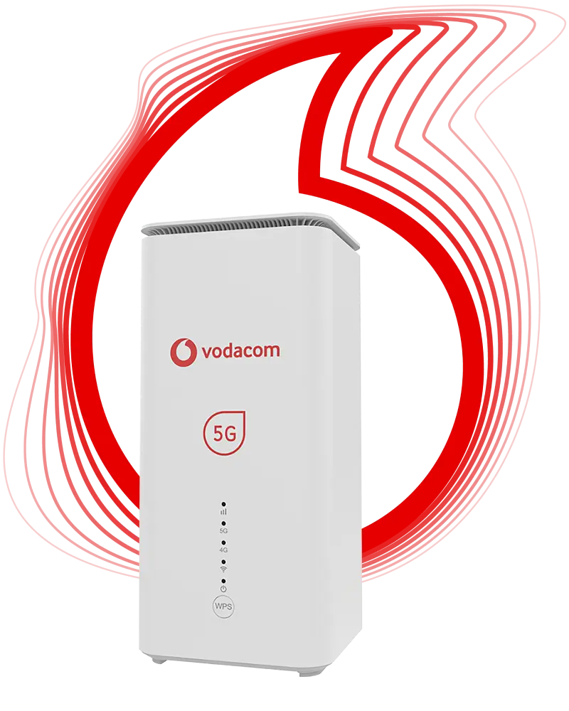 An abstract red Vodacom speechmark logo set against a solid black background, with a sleek, vertical white 5G home router standing prominently in the foreground. The router displays the red "vodacom" logo, a "5G" indicator, a vertical line of LED status lights, and a WPS button near the bottom.