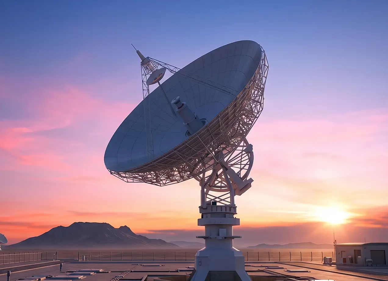A large telecommunications satellite dish pointing toward the sky against a scenic mountain backdrop during a vibrant pink and orange sunset.