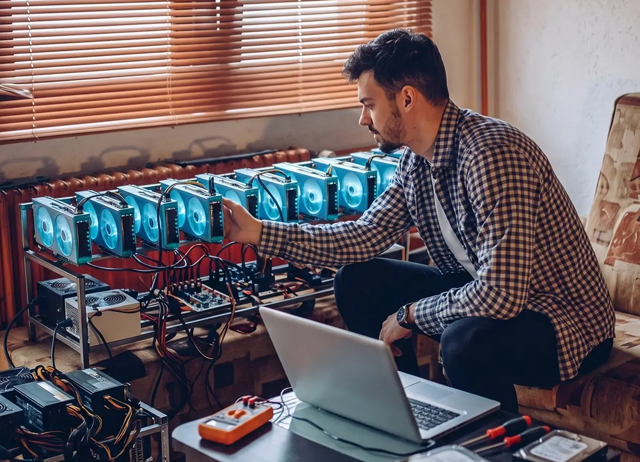 A man in a plaid shirt crouched indoors next to a laptop and tools, monitoring an open-frame cryptocurrency mining rig setup with multiple glowing blue graphic card fans.