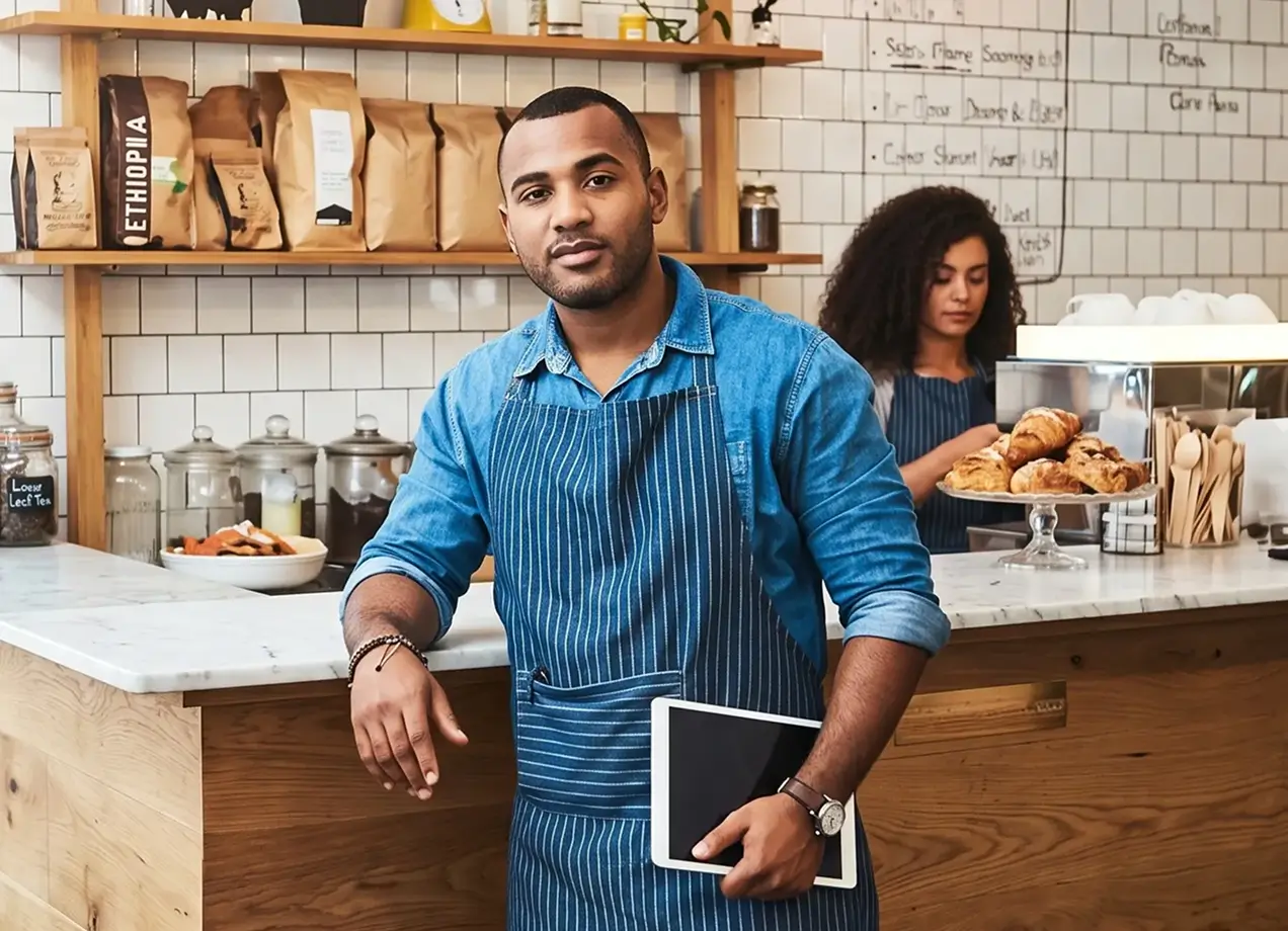 A male cafe owner in a blue apron holding a digital tablet, smiling in front of a coffee shop counter with pastries and a colleague working in the background."