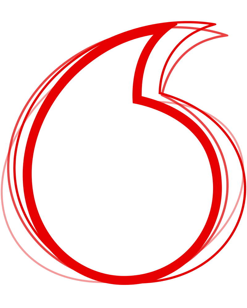 This is the iconic Vodacom brand mark, appearing here as a stylized, multi-layered red outline.