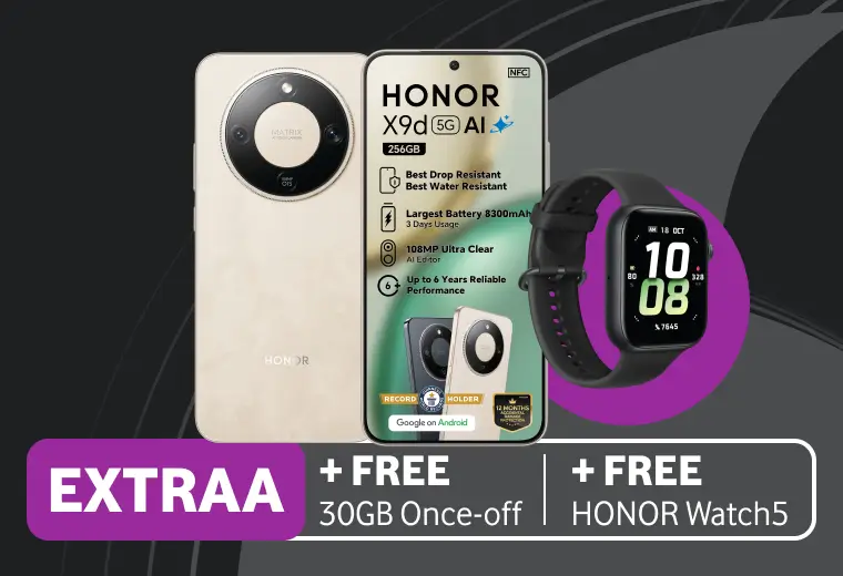 HONOR X9d 5G AI smartphone bundle featuring a gold phone and a black HONOR Watch5, with promotional text: EXTRAA plus FREE 30GB Once-off plus FREE HONOR Watch5