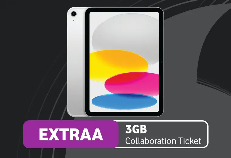 Silver Apple iPad displaying a colorful wallpaper, with promotional text: EXTRAA 3GB Collaboration Ticket.