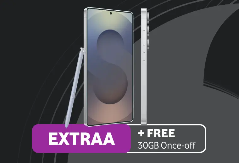 Samsung Galaxy smartphone shown from the front and side profile alongside an S Pen stylus, with promotional text: EXTRAA plus FREE 30GB Once-off
