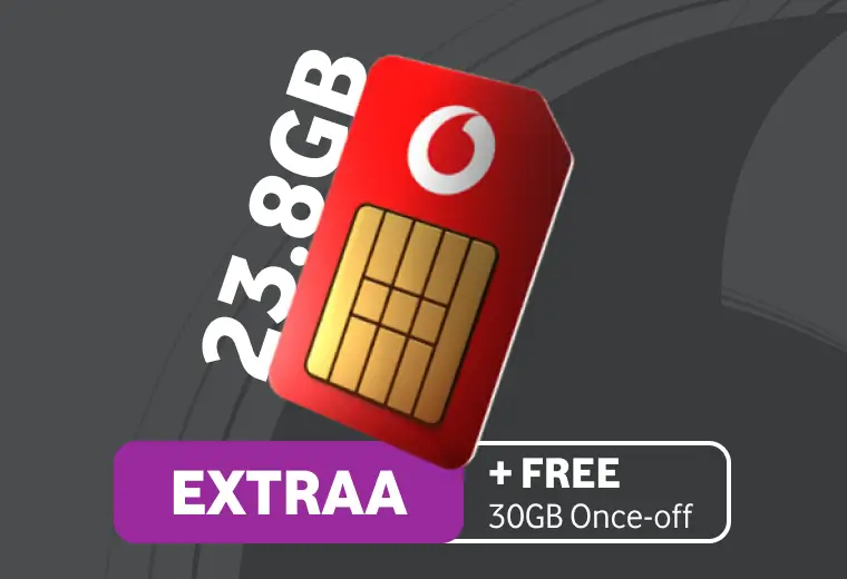 Red Vodacom SIM card displaying 23.8GB data text, with promotional banner: EXTRAA plus FREE 30GB Once-off.