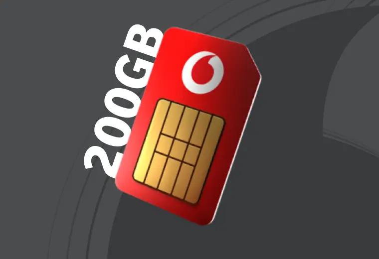 Red Vodacom SIM card prominently displaying 200GB data text against a dark grey abstract background.