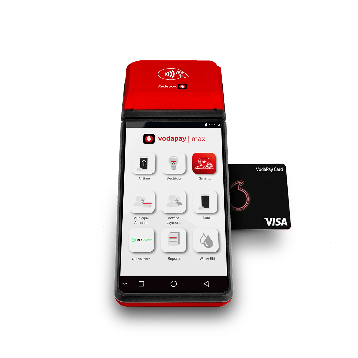 A top-down view of a red VodaPay Max smart POS terminal, showing a black VodaPay Visa card inserted into the chip reader slot on the right side of the device. The touch screen interface displays icons for services like Airtime, Electricity, Gaming, and Water Bills.