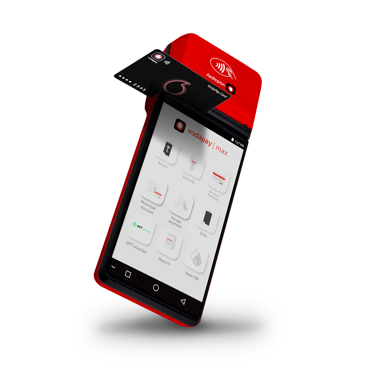 A red and black VodaPay Max POS device angled dynamically in the air. A black VodaPay card is shown being swiped through the magnetic stripe reader at the top of the terminal. The screen interface remains visible, displaying various digital payment options.