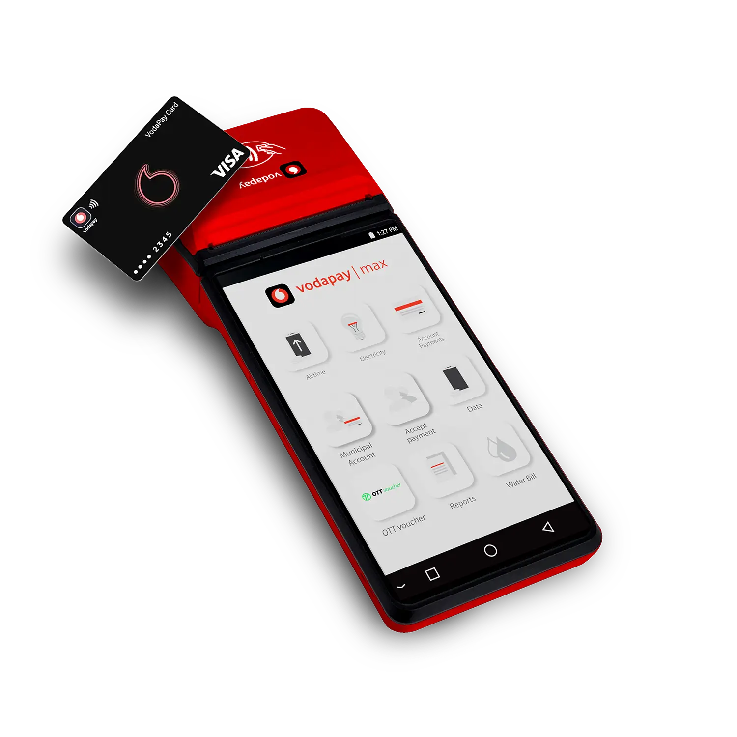 A red and black VodaPay Max point-of-sale (POS) terminal shown from a top-down angle. A black VodaPay Visa card is being held near the top of the device to demonstrate a contactless tap-to-pay transaction. The screen displays the VodaPay Max app interface with utility payment icons