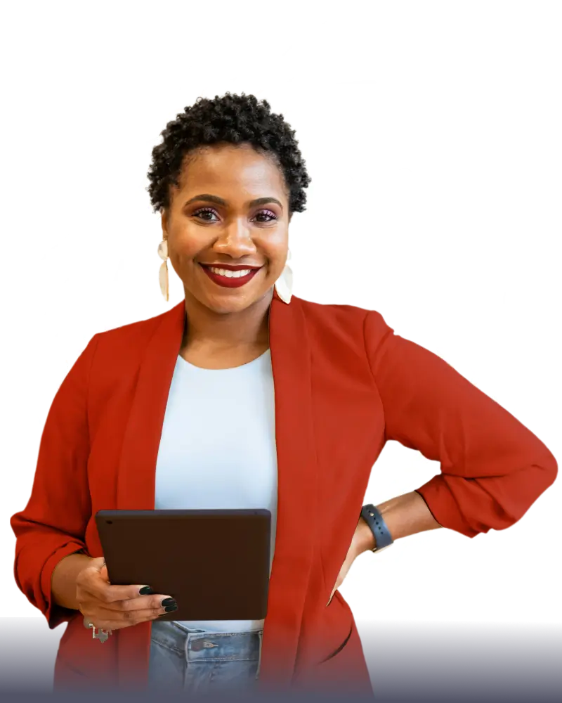 A smiling woman in a red blazer holding a tablet, standing in front of a large white Vodafone logo and abstract white lines on a black background.