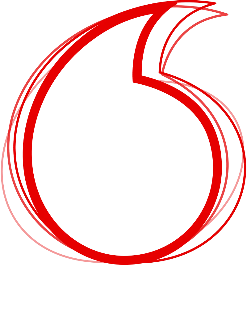 Stylized red speech mark logo with layered outlines