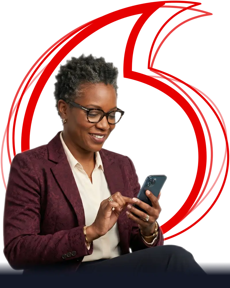 Smiling professional woman with glasses looking at her smartphone, set against a black background with a large red stylized speech mark logo."