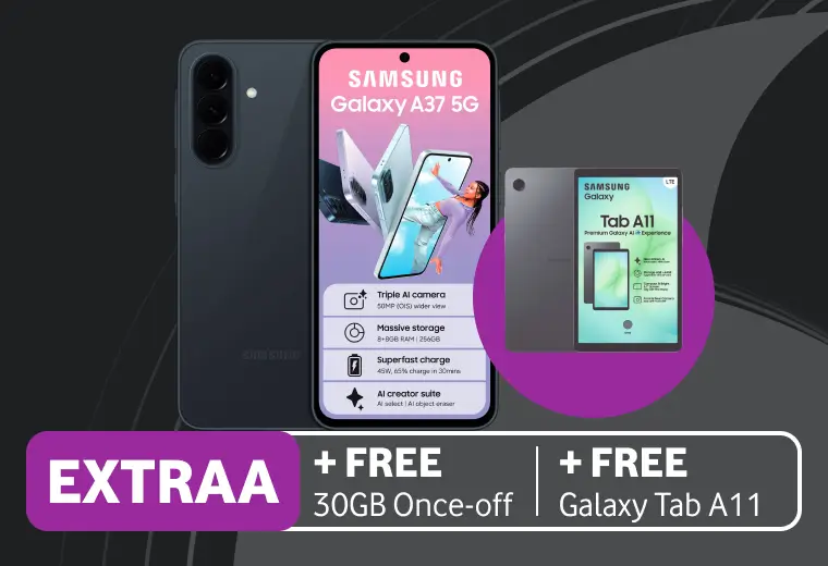 Promotional banner featuring the Samsung Galaxy A37 5G smartphone in a dark grey color, showing both its front screen and rear triple-camera setup. A circular badge showcases a free Samsung Galaxy Tab A11 tablet. A purple and white banner at the bottom text reads "EXTRAA + FREE 30GB Once-off | + FREE Galaxy Tab A11". Key phone specs listed include a Triple AI camera, 256GB storage with 8+8GB RAM, 45W superfast charging, and an AI creator suite.