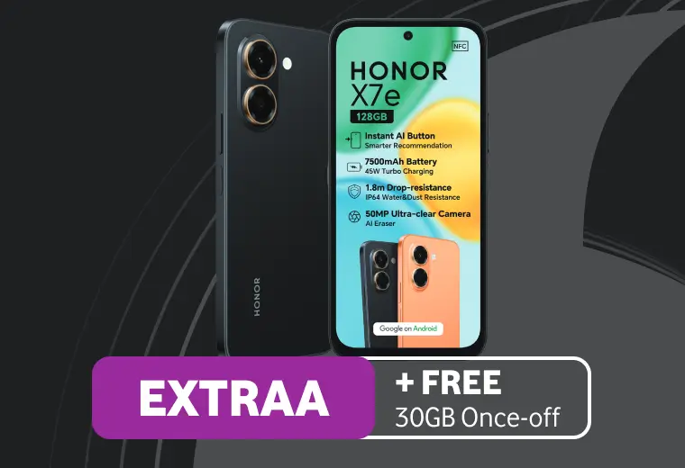 Promotional banner featuring the HONOR X7e smartphone in black, displaying its front display and dual-ring rear camera module. An inset shows an alternate orange color option. A purple and white banner at the bottom reads "EXTRAA + FREE 30GB Once-off". Key device specs listed include 128GB storage, an Instant AI Button, a massive 7500mAh battery with 45W Turbo Charging, 1.8m drop resistance with IP64 rating, and a 50MP Ultra-clear camera.