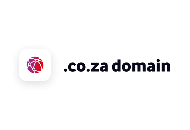 A minimalist graphic with a white background featuring a rounded square icon containing a stylized, glowing red and purple global network globe. Next to the icon, bold black text reads ".co.za domain".