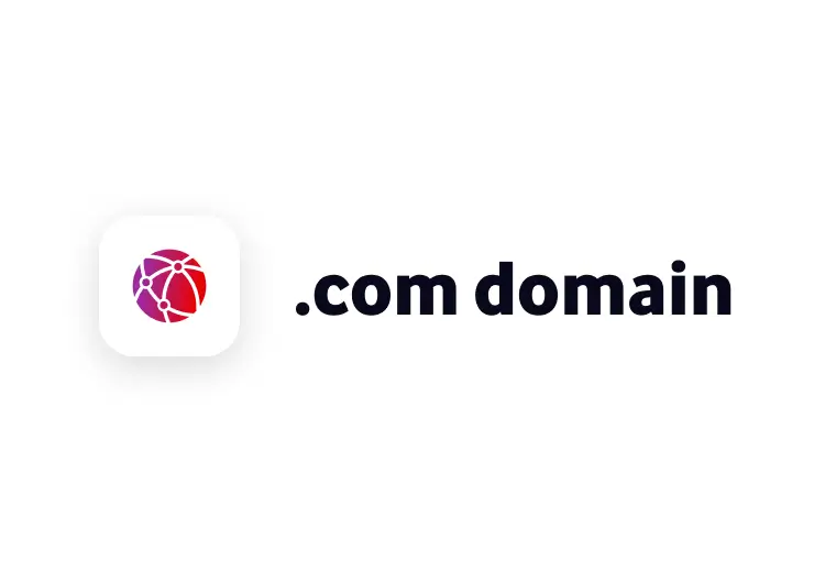 A minimalist graphic with a white background featuring a rounded square icon containing a stylized, glowing red and purple global network globe. Next to the icon, bold black text reads ".com domain"