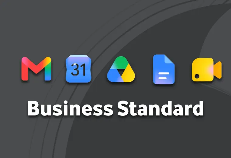 A dark grey textured background displaying five colorful Google Workspace application icons in a horizontal row: Gmail, Google Calendar, Google Drive, Google Docs, and Google Meet. Below the icons, the bold white text reads "Business Standard".