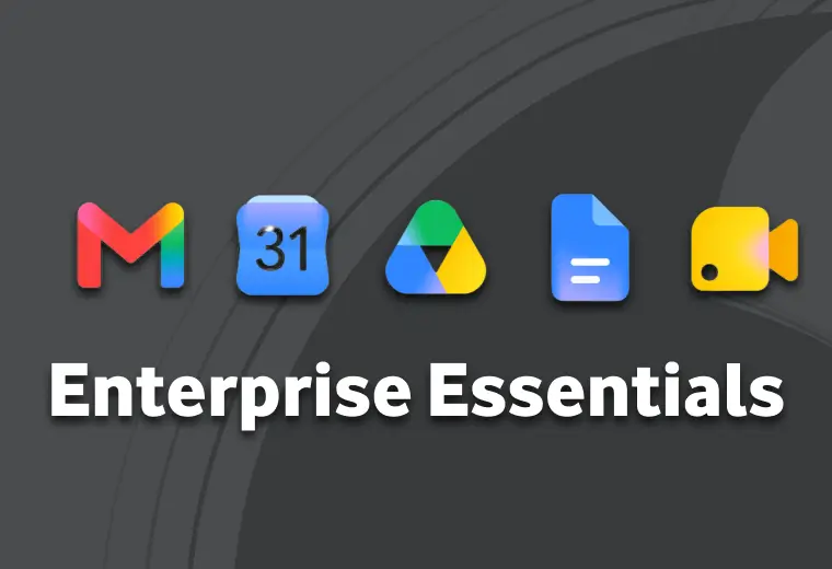 A dark grey textured background displaying five colorful Google Workspace application icons in a horizontal row: Gmail, Google Calendar, Google Drive, Google Docs, and Google Meet. Below the icons, the bold white text reads "Enterprise Essentials".