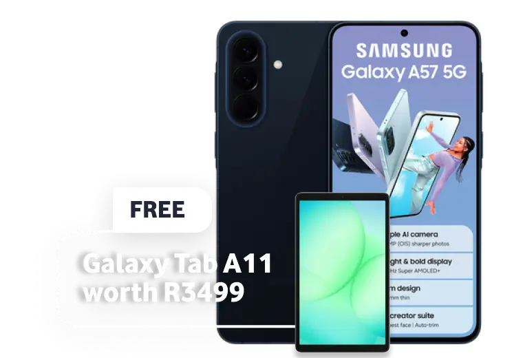 Samsung Galaxy A57 5G deal promo with a free Galaxy Tab A11 worth R3499