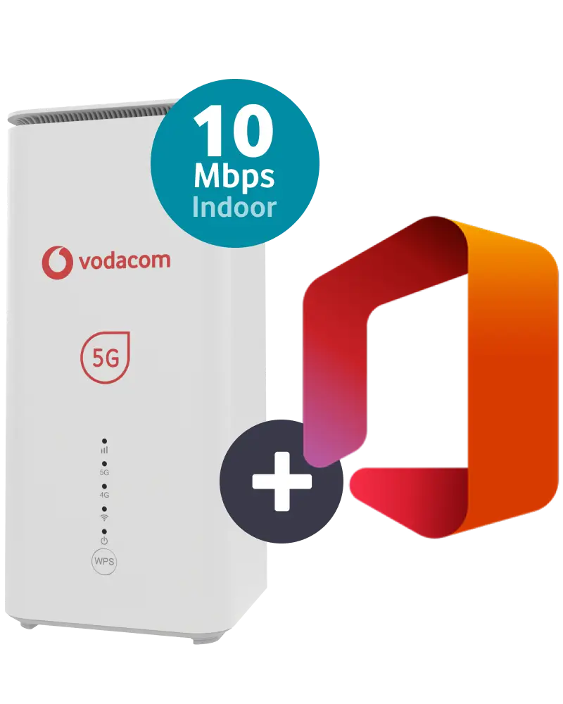 Vodacom 5G tower router paired with Microsoft Office, featuring a 10 Mbps Indoor internet speed deal banner.
