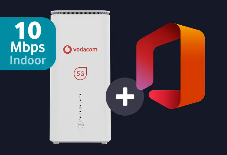 Vodacom 5G tower router bundled with Microsoft Office and a 10 Mbps Indoor internet deal badge.