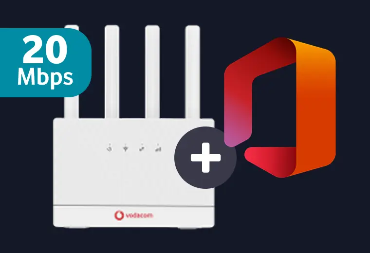 Vodacom 4-antenna Wi-Fi router bundled with Microsoft Office and a 20 Mbps internet deal badge.