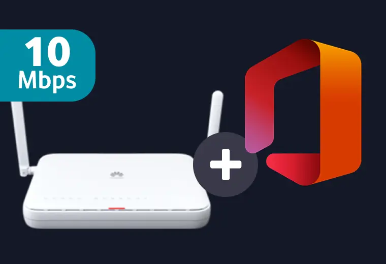 Huawei Wi-Fi router bundled with Microsoft Office and a 10 Mbps internet deal badge.