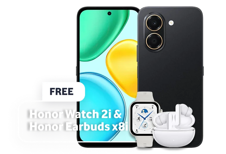 Promotional banner featuring the HONOR X7e smartphone in black, displaying its front display and dual-ring rear camera module. 