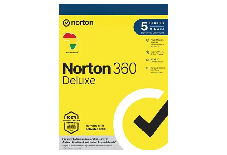 Norton 360 Deluxe antivirus software for up to 5 devices, African Edition