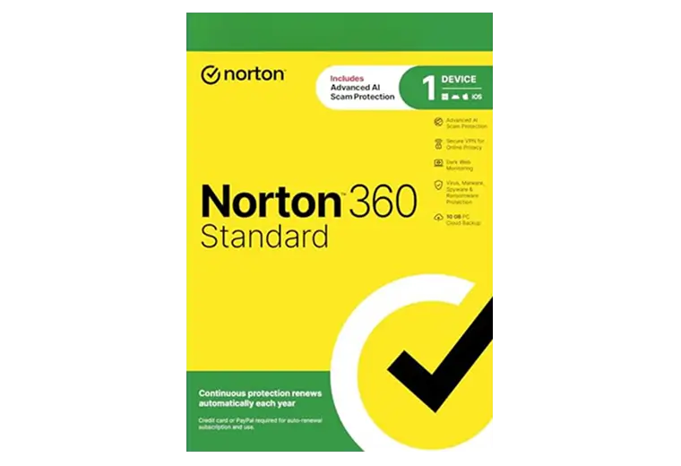 Norton 360 Standard antivirus protection for 1 device with Advanced AI Scam Protection