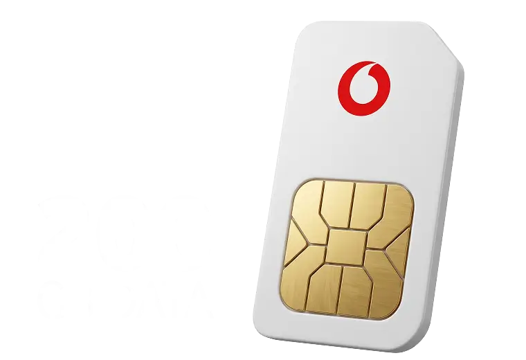 Red Vodacom SIM card prominently displaying 200GB data text against a dark grey abstract background.