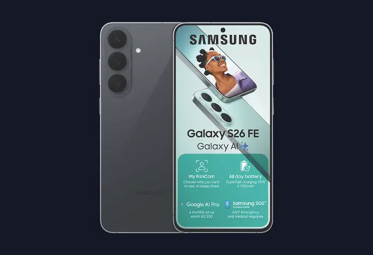 Samsung Galaxy S26 FE smartphone in grey showing front display with features and back camera setup.