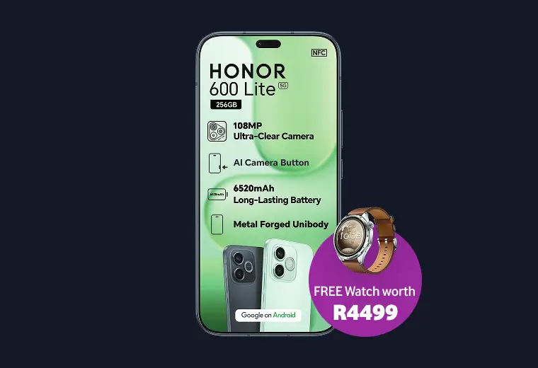 HONOR 600 Lite 5G smartphone in light green with 256GB storage and a free smartwatch offer worth R4499