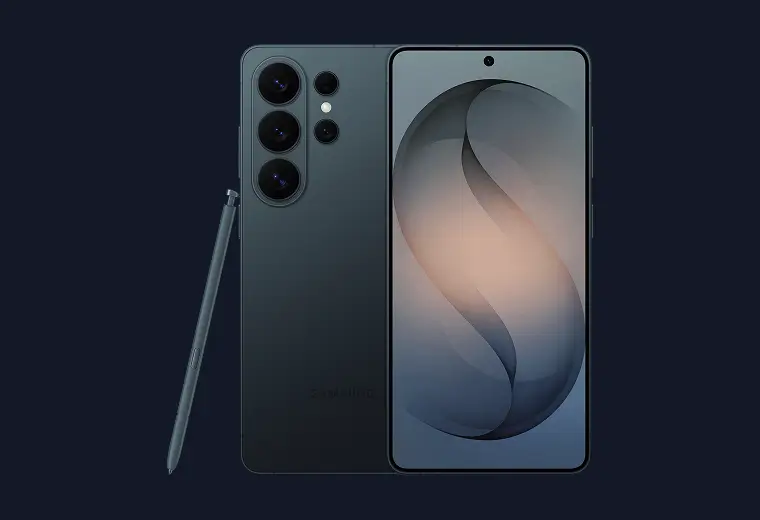 Samsung Galaxy Ultra smartphone in dark grey shown with matching S Pen.