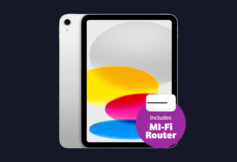 Silver iPad tablet with colorful screen wallpaper bundled with a Mi-Fi Router.